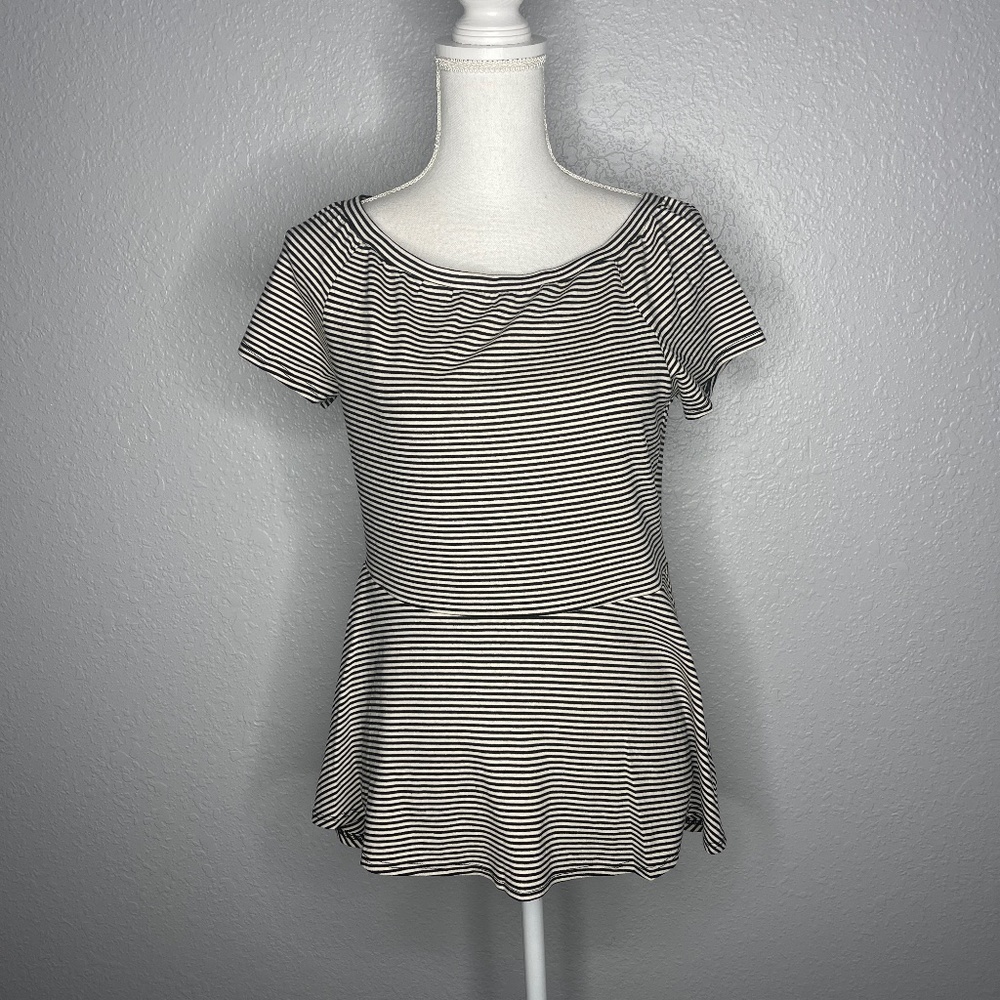 Monteau Black and White Striped Peplum Top